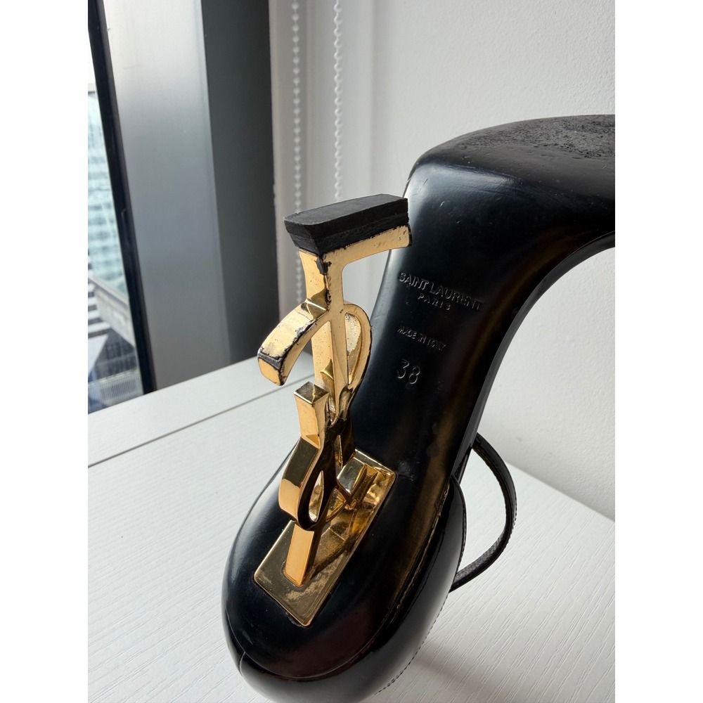 Saint Laurent Opyum Black Patent Leather YSL Gold Monogram Heel Sandals Size 38 - Picture 9 of 12